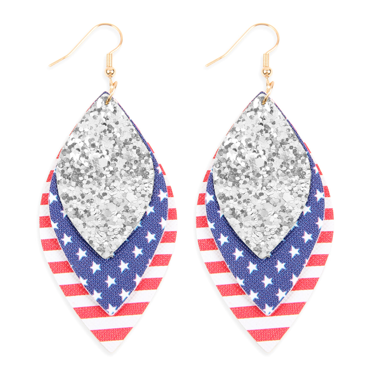 USA Flag With Sequin Marquise Layered Leather Drop Earrings featuring vibrant colors and a stylish design.