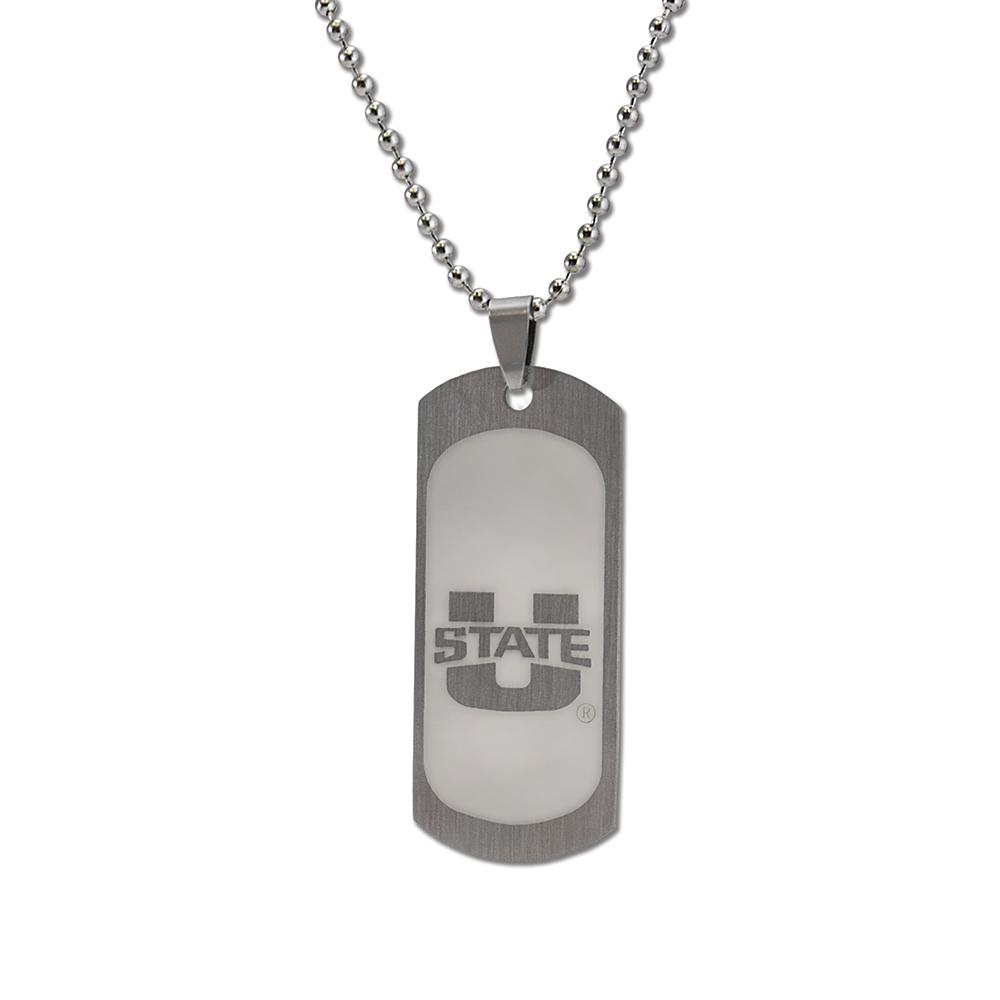 Utah State University Dog Tag with logo on brushed silver finish, attached to a 24-inch ball chain.