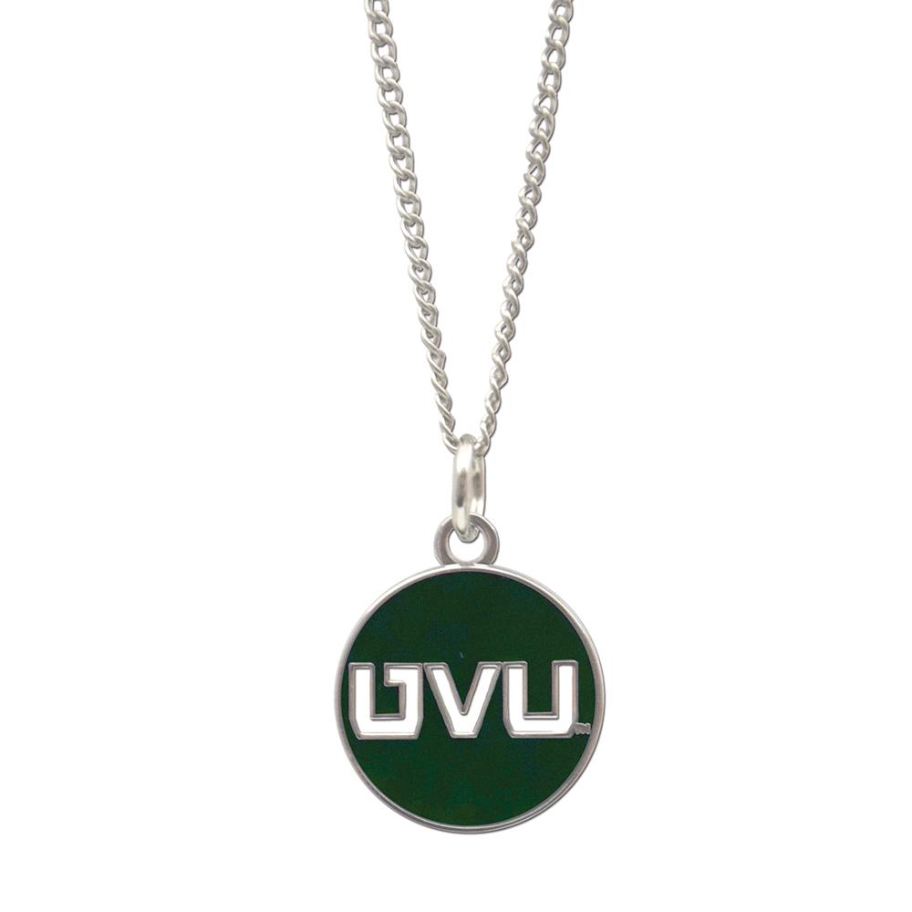 Utah Valley University UVU Cutout Necklace featuring a round pendant with the UVU logo and an adjustable silver finish chain.