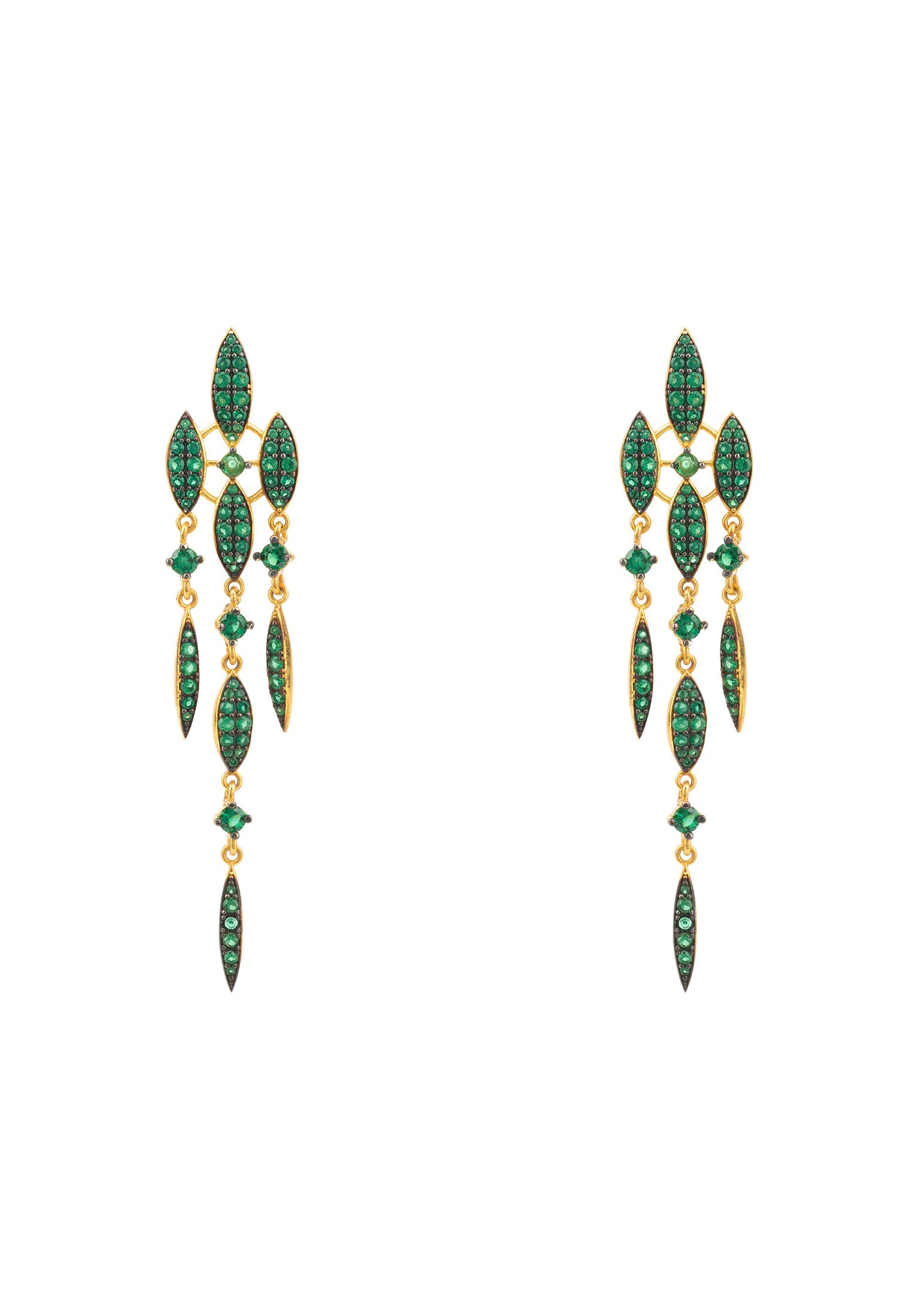 Valencia Statement Drop Earring featuring emerald green cubic zirconias set in gold, showcasing a triple strand drop design.