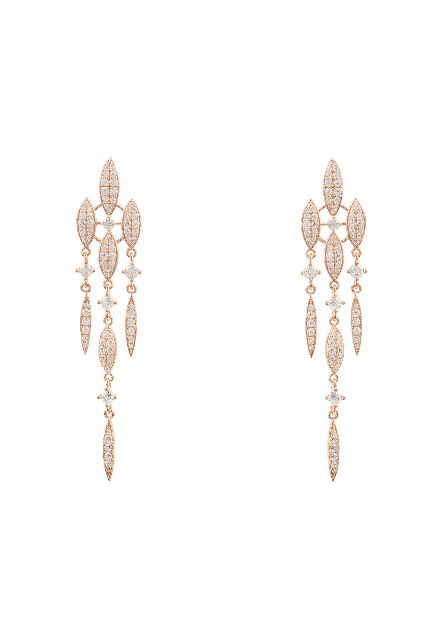 Valencia Statement Drop Earring featuring white cubic zirconias in a rose gold setting, showcasing a triple strand drop design.