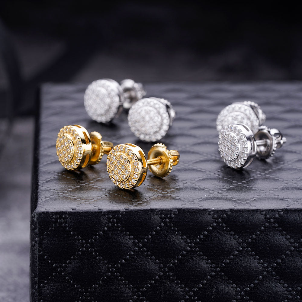 VALENS Sterling Silver CZ Earrings featuring cubic zirconia stones in a round pattern, elegantly designed with a screw back mechanism.