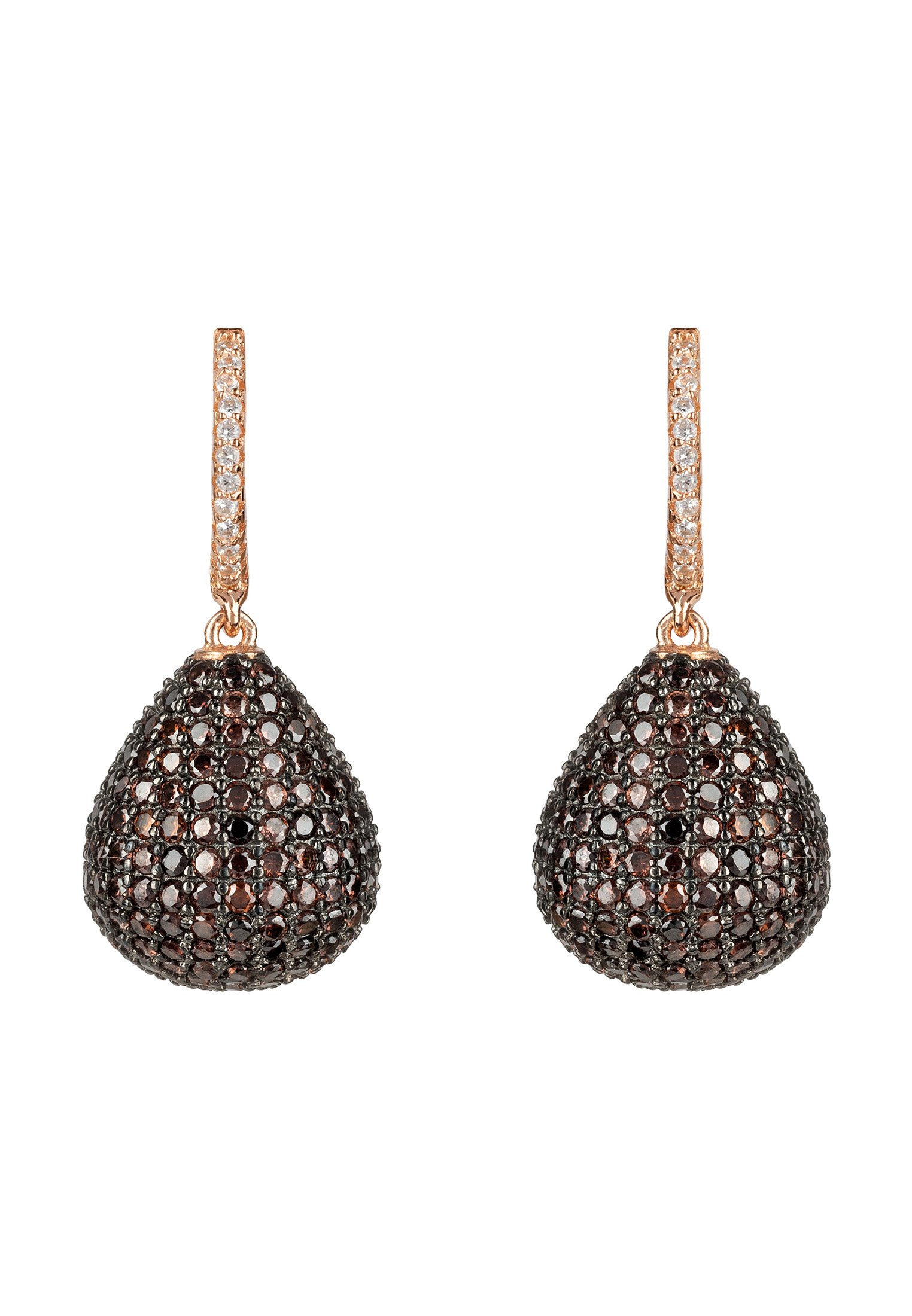 Valerie Pear Drop Gemstone Earrings in rosegold featuring chocolate cubic zirconia, elegantly designed with a pear drop shape.