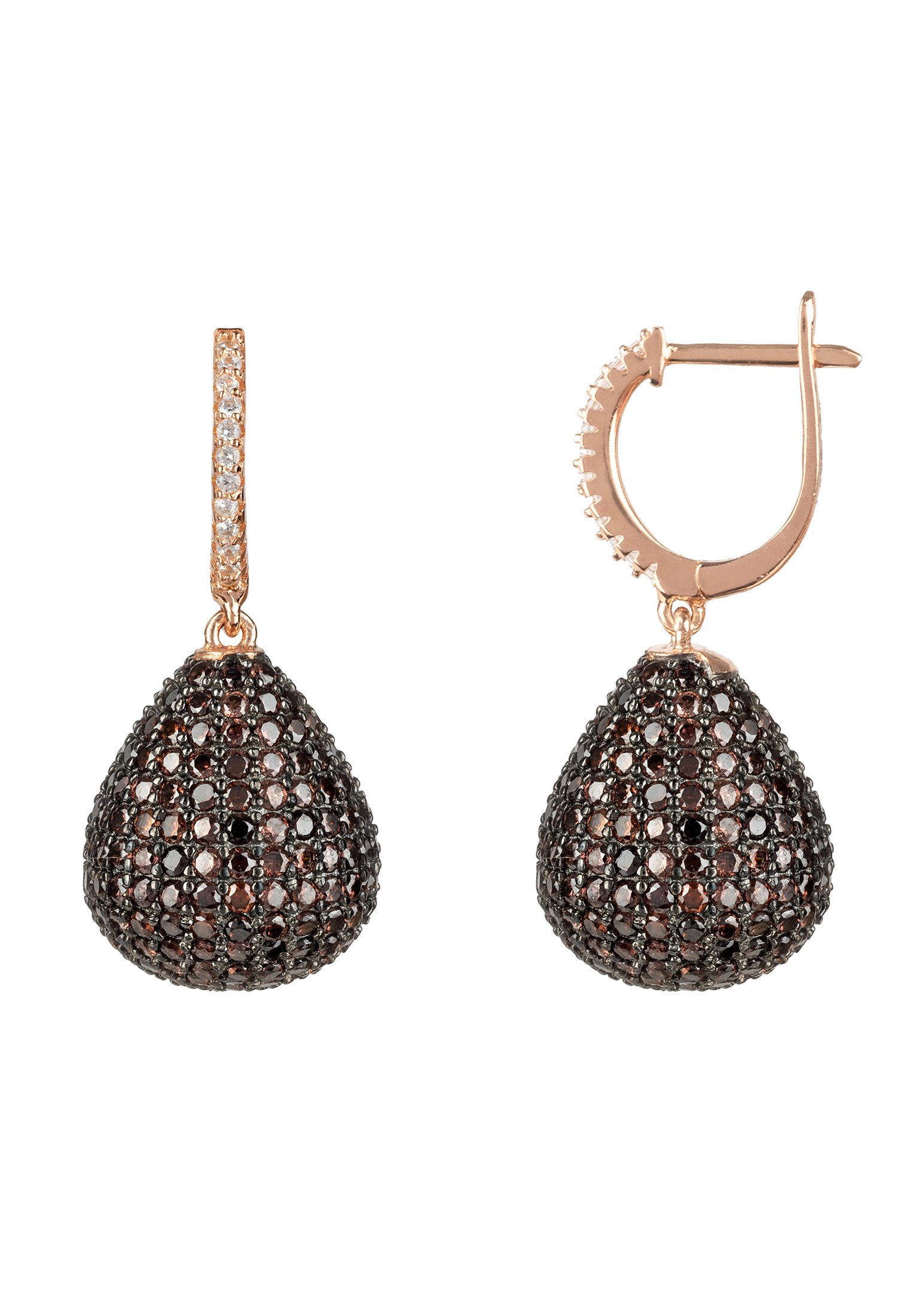 Valerie Pear Drop Gemstone Earrings in rosegold featuring chocolate cubic zirconia, elegantly designed with a pear drop shape.