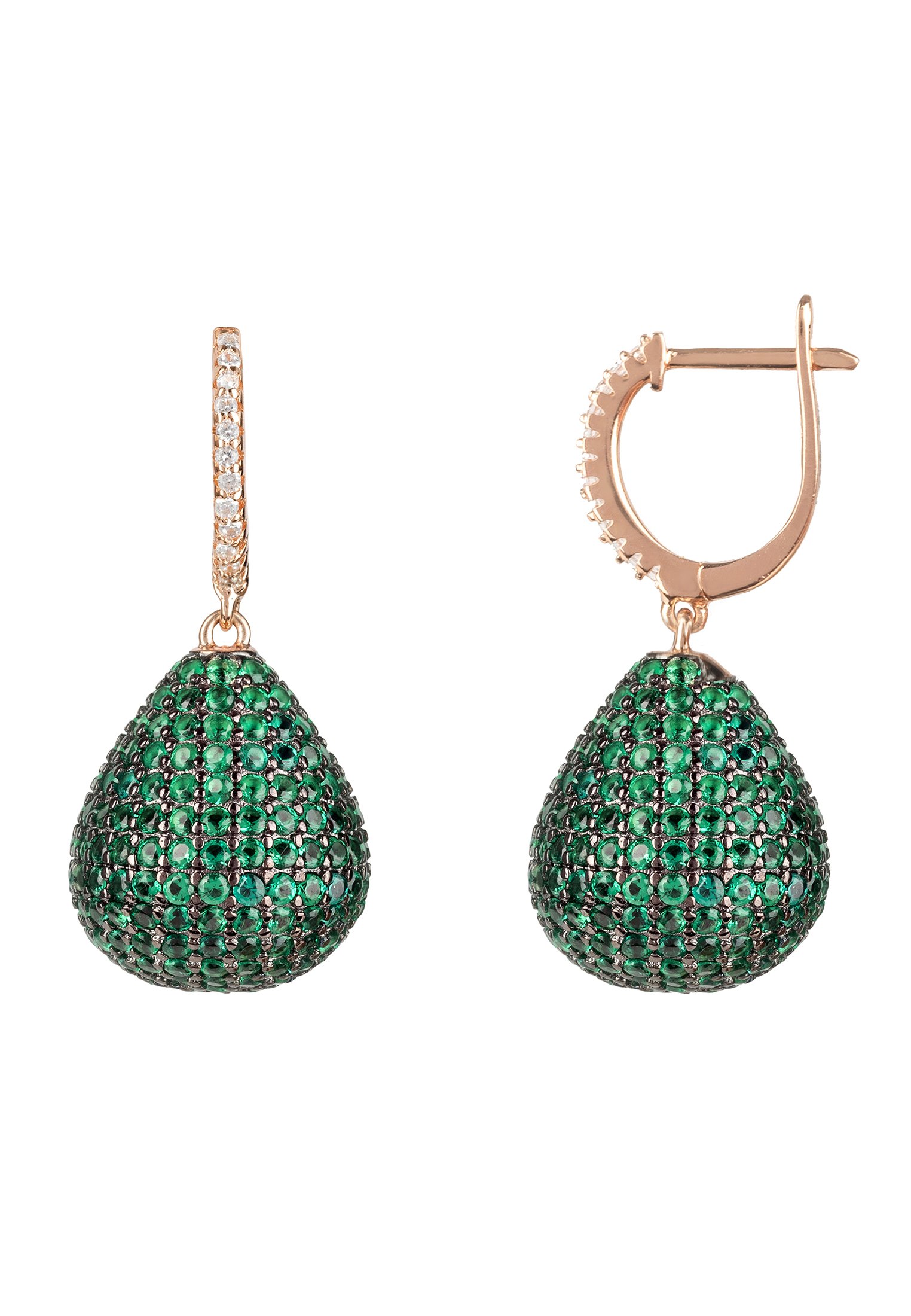 Valerie Pear Drop Gemstone Earrings in rosegold featuring emerald green cubic zirconia, elegantly designed with a creole fastening.