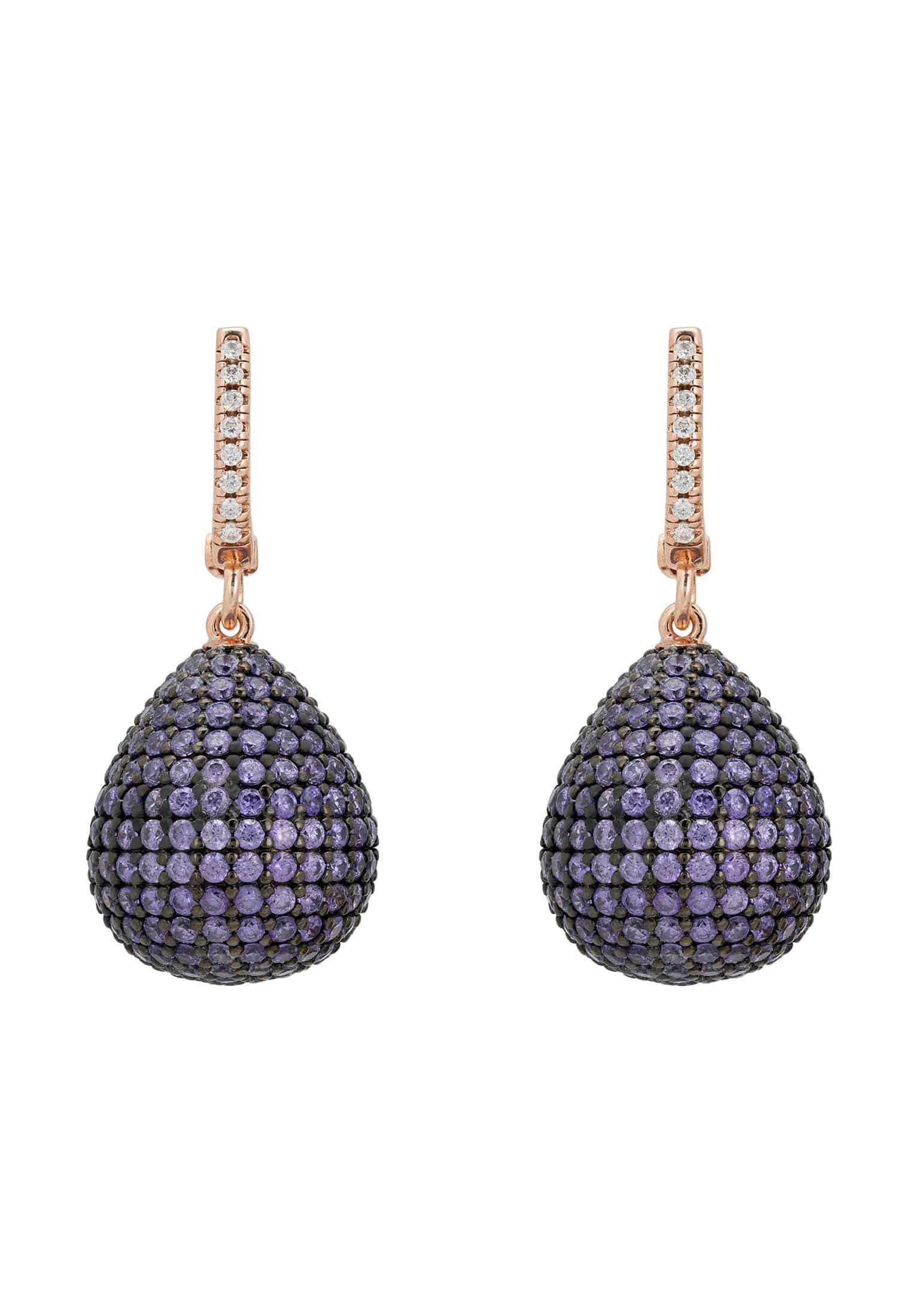 Valerie Pear Drop Gemstone Earrings in rosegold featuring purple amethyst and sparkling zirconia, elegantly designed for statement wear.