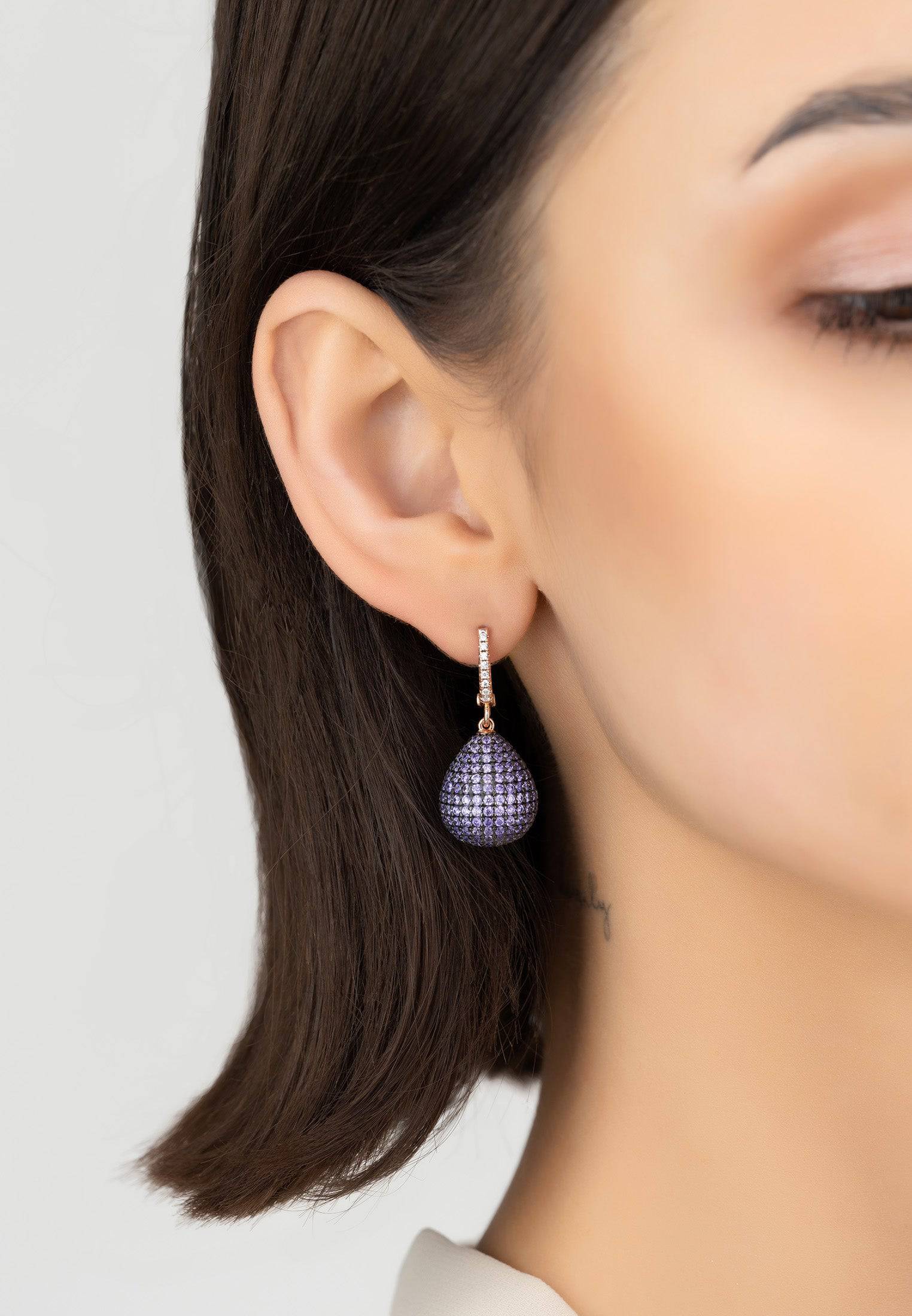Valerie Pear Drop Gemstone Earrings in rosegold featuring purple amethyst and sparkling zirconia, elegantly designed for statement wear.