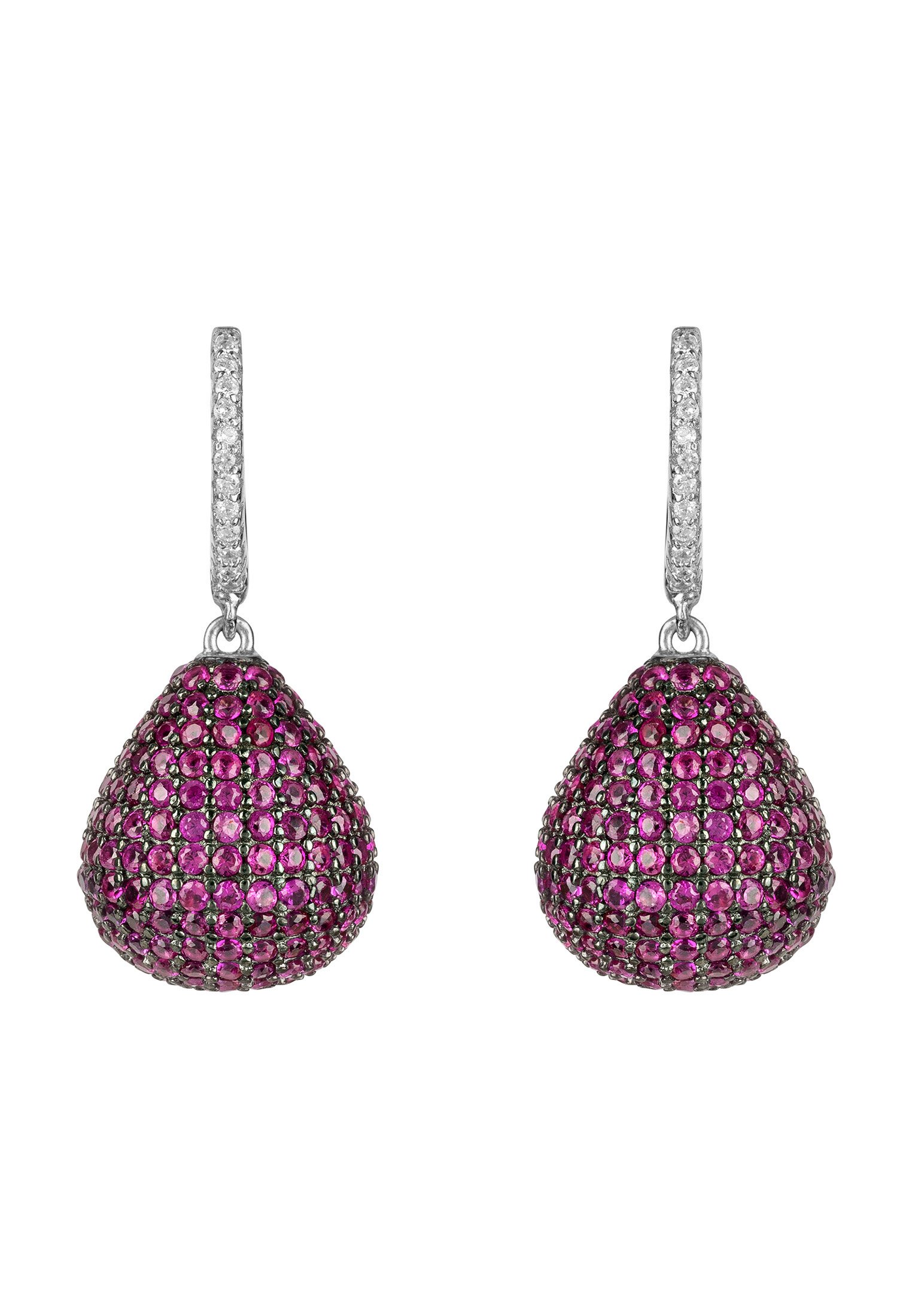 Valerie Pear Drop Gemstone Earrings in sterling silver featuring ruby AAA cubic zirconia, showcasing a brilliant-cut design.