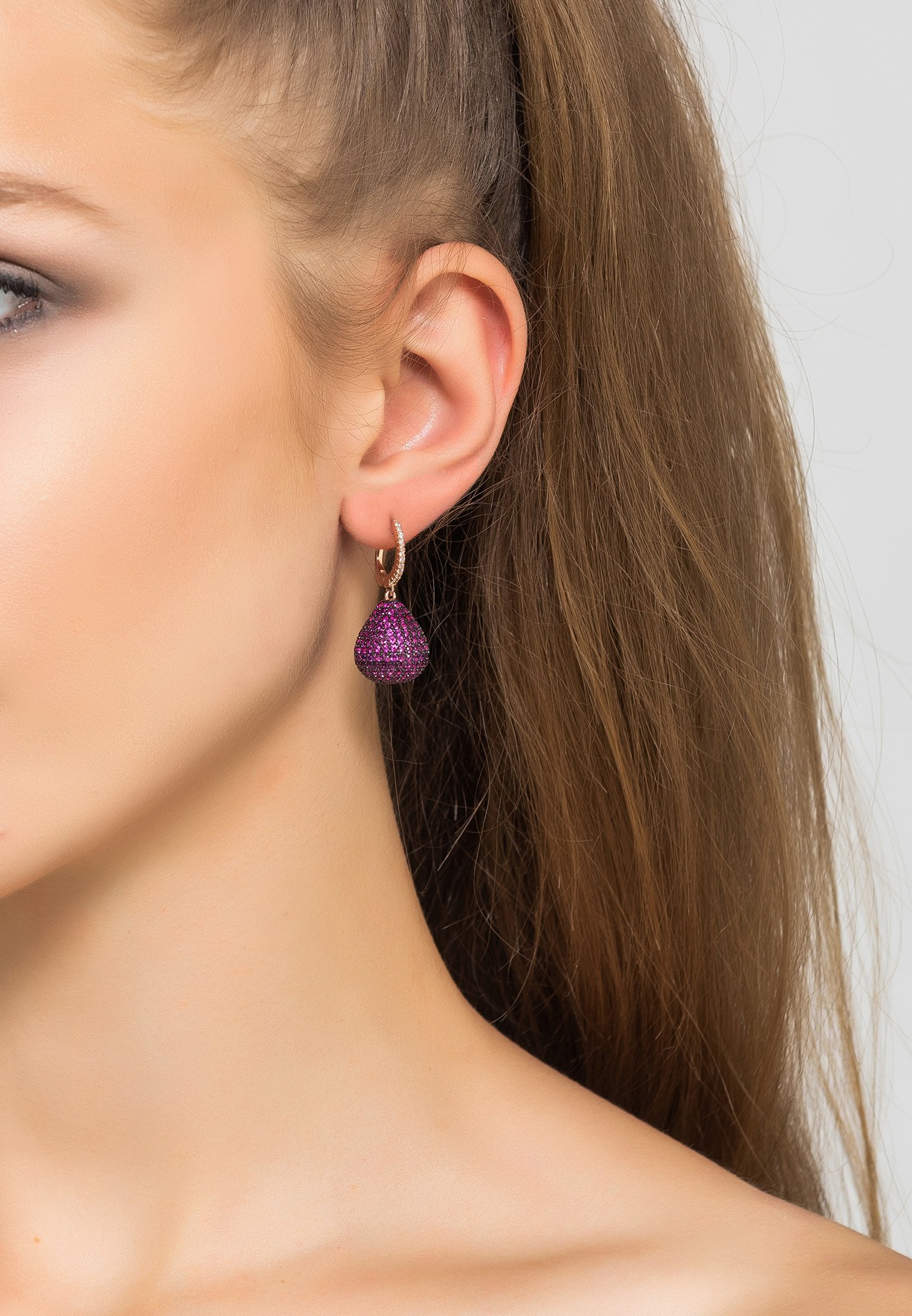 Valerie Pear Drop Gemstone Earrings in sterling silver featuring ruby AAA cubic zirconia, showcasing a brilliant-cut design.