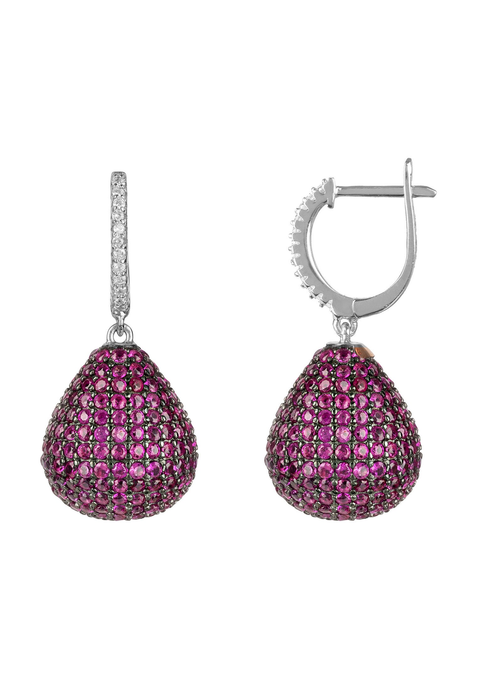 Valerie Pear Drop Gemstone Earrings in sterling silver featuring ruby AAA cubic zirconia, showcasing a brilliant-cut design.
