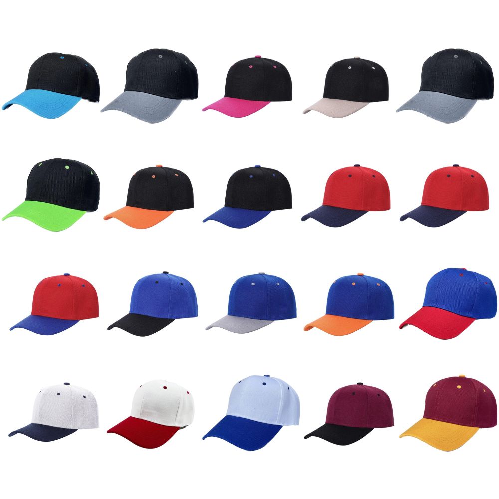A pack of 6 VELCRO 2TONE baseball caps featuring a structured crown and adjustable Velcro closure, showcasing a stylish two-tone design.