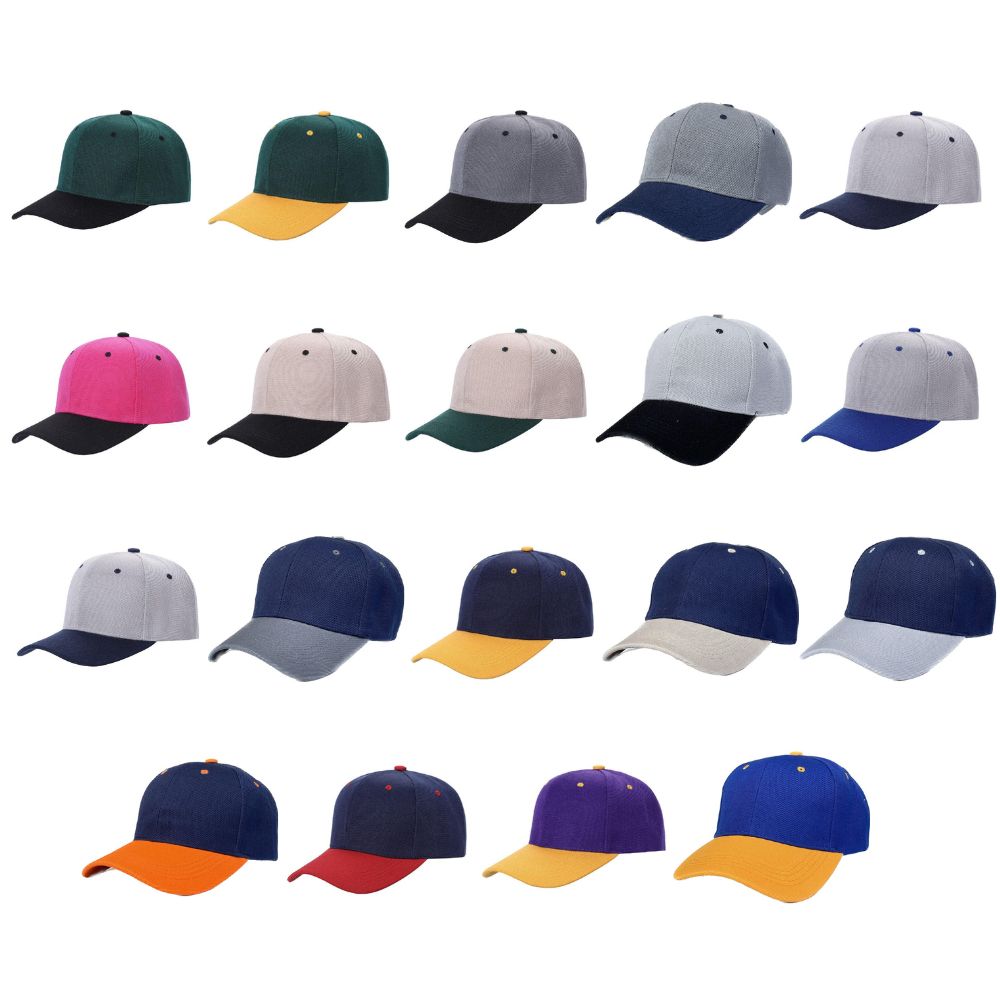 A pack of 6 VELCRO 2TONE baseball caps featuring a structured crown and adjustable Velcro closure, showcasing a stylish two-tone design.