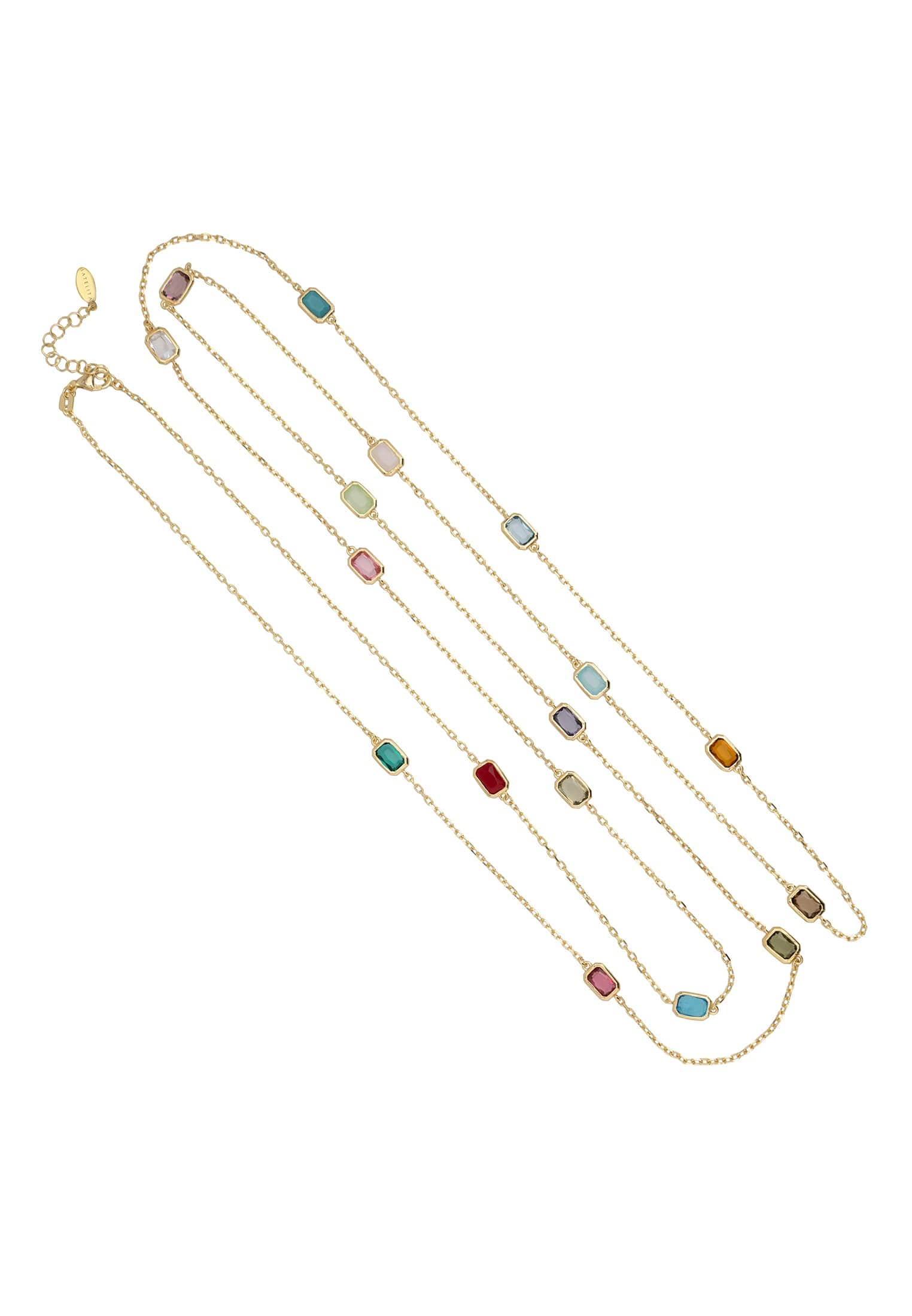 Venice Rainbow 120cm Necklace in gold featuring multicoloured gemstones on a fine chain, elegantly displayed.