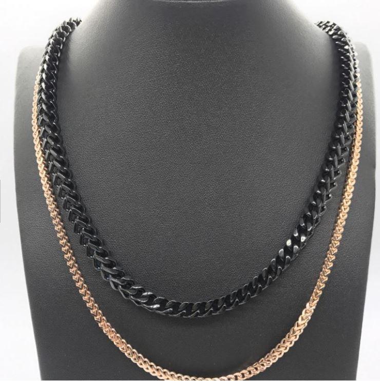 VESSEL 3x3MM Steel Black Franco chain with high gloss finish, showcasing its solid steel construction and lobster lock.