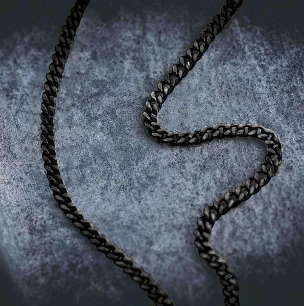 VESSEL 3x3MM Steel Black Franco chain with high gloss finish, showcasing its solid steel construction and lobster lock.