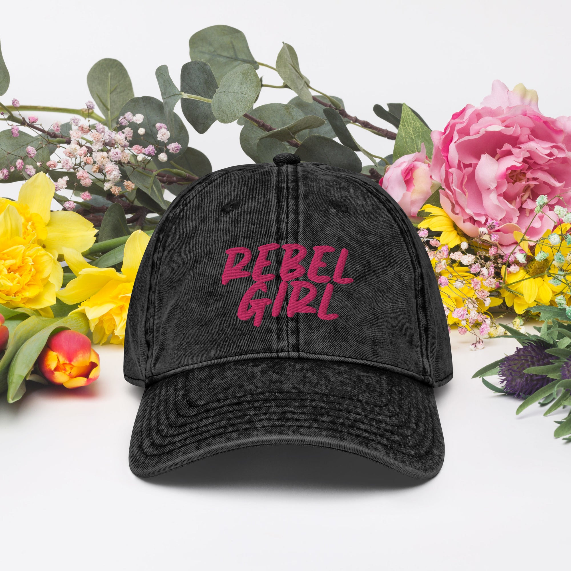 REBEL GIRL Vintage Cotton Twill Cap featuring intricate embroidery and a washed-out vintage effect, perfect for casual wear.