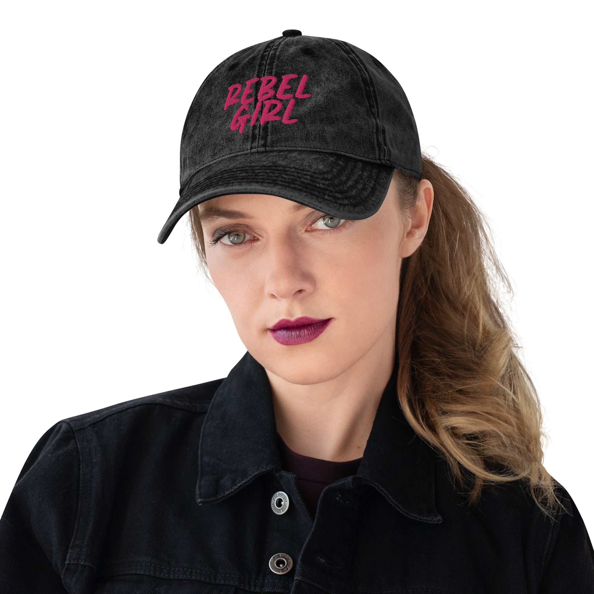 REBEL GIRL Vintage Cotton Twill Cap featuring intricate embroidery and a washed-out vintage effect, perfect for casual wear.