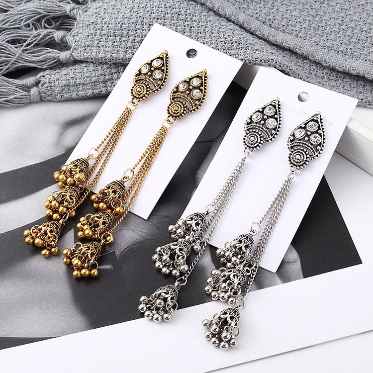 Vintage Lantern Triple Bell Tassel Earrings featuring alloy and rhinestone accents, showcasing a unique and elegant design.