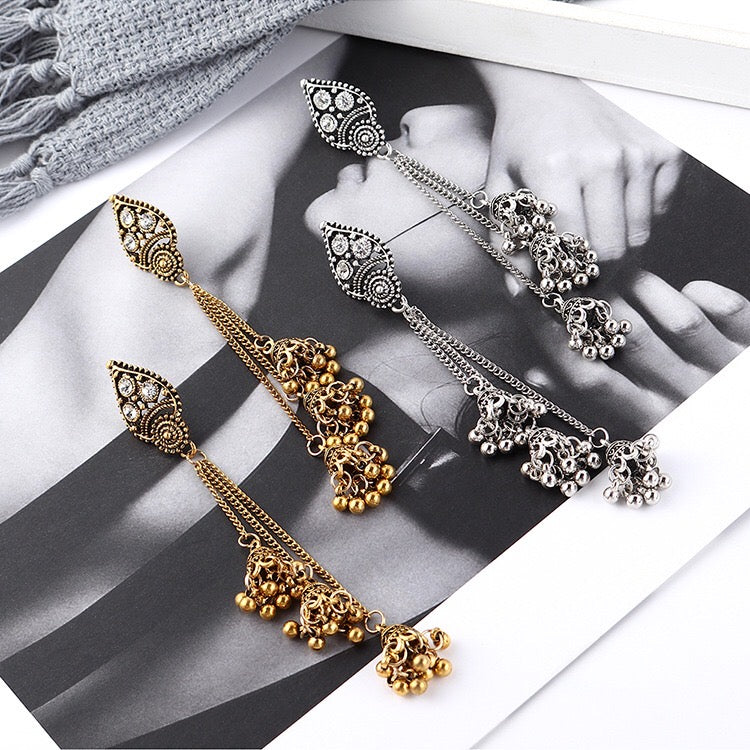 Vintage Lantern Triple Bell Tassel Earrings featuring alloy and rhinestone accents, showcasing a unique and elegant design.