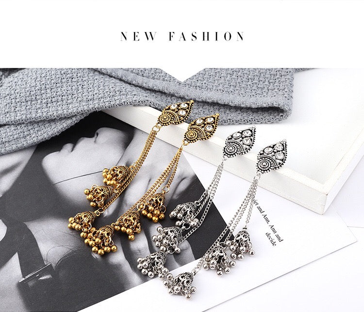 Vintage Lantern Triple Bell Tassel Earrings featuring alloy and rhinestone accents, showcasing a unique and elegant design.