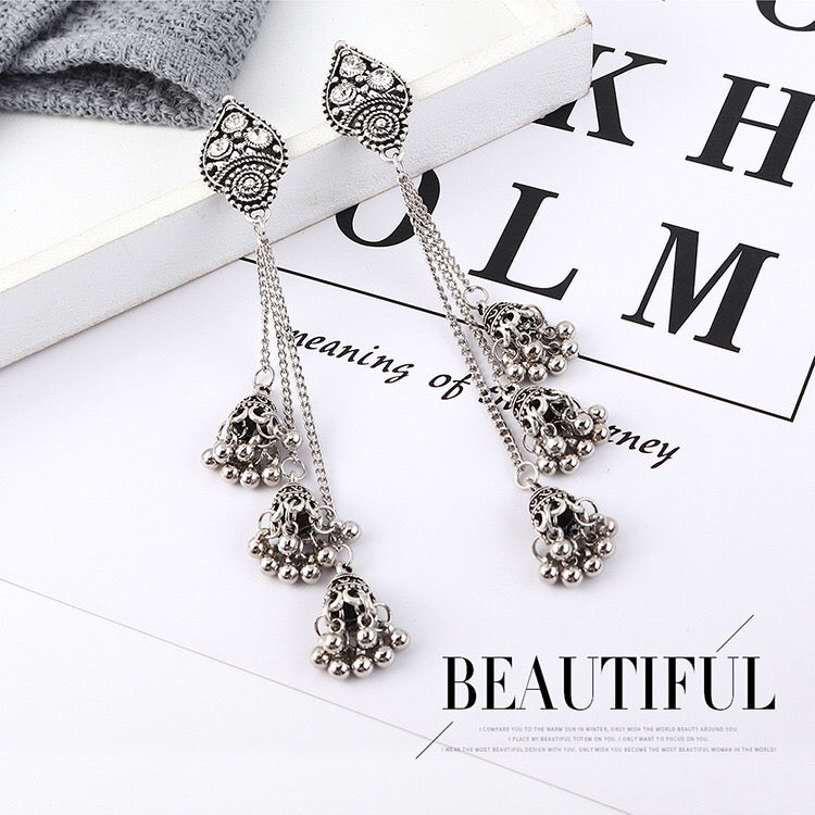Vintage Lantern Triple Bell Tassel Earrings featuring alloy and rhinestone accents, showcasing a unique and elegant design.