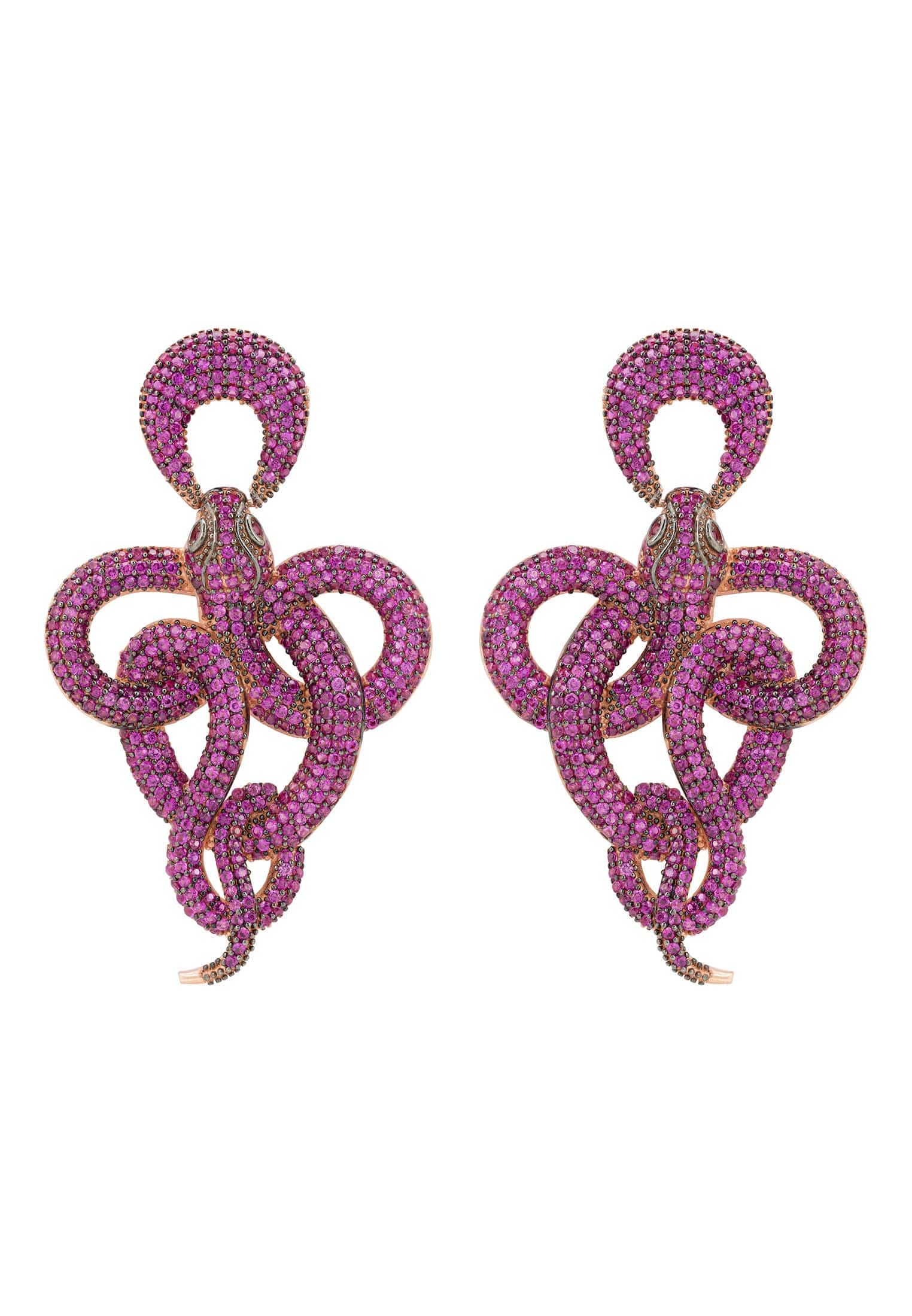 Viper Snake Drop Earrings in rosegold featuring ruby cubic zirconia, designed as a curled snake for a chic look.