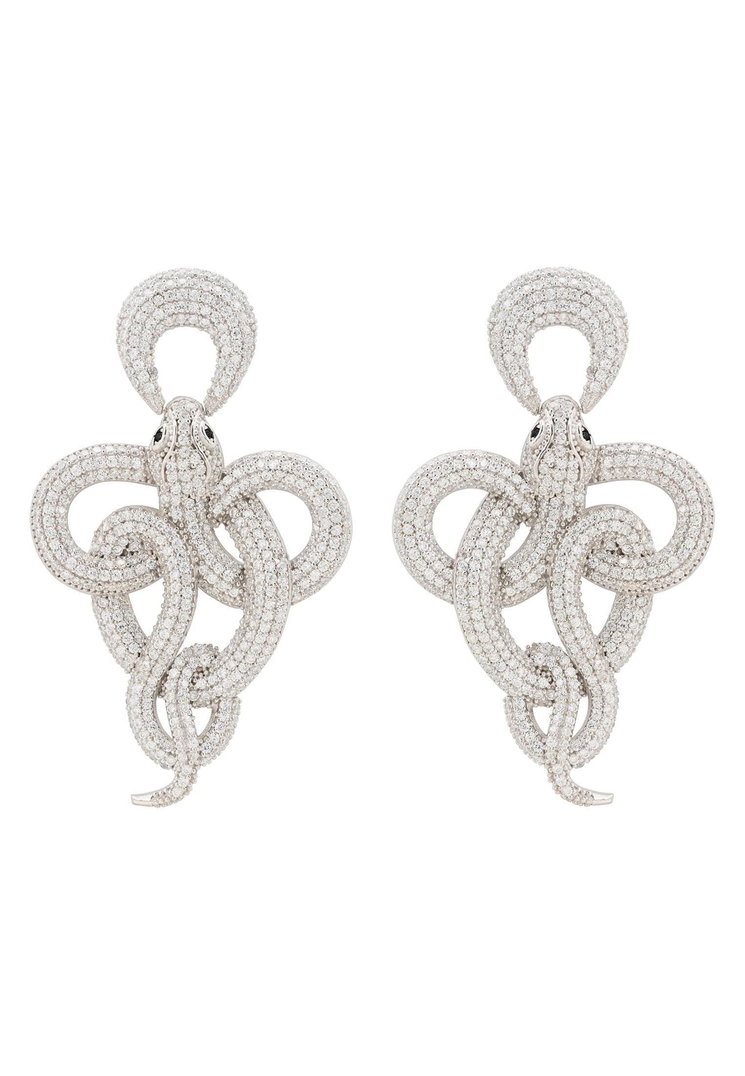 Viper Snake Drop Earrings in silver and white with cubic zirconia accents, showcasing a curled snake design.