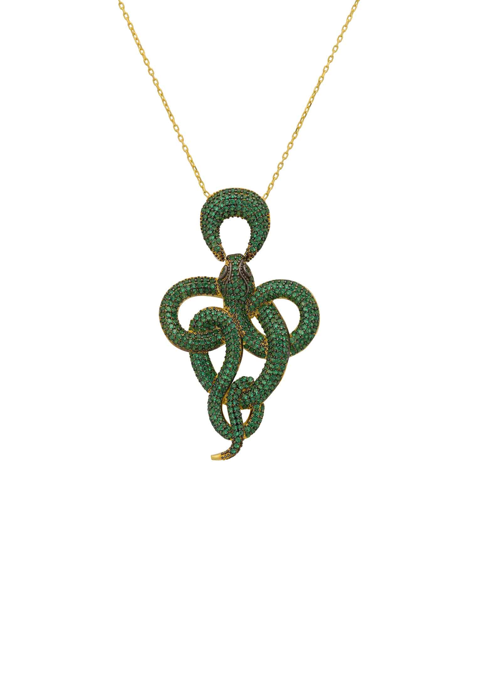 Viper Snake Pendant Necklace in gold with emerald zircons, featuring a snake motif and adjustable length.