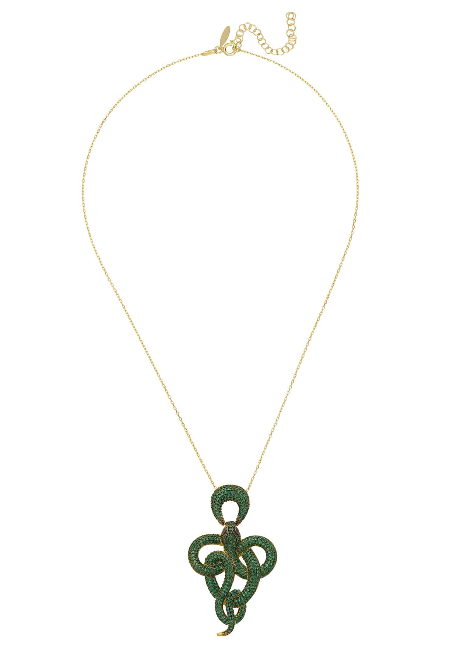 Viper Snake Pendant Necklace in gold with emerald zircons, featuring a snake motif and adjustable length.