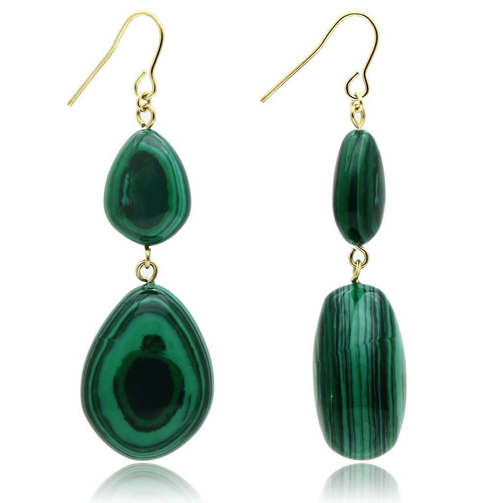VL019 Gold Brass Earrings featuring synthetic malachite stone in vibrant emerald color, elegantly designed for stylish wear.