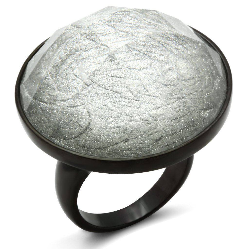 VL003 IP Black Brass Ring featuring a light gray synthetic stone, showcasing a sleek and modern design.