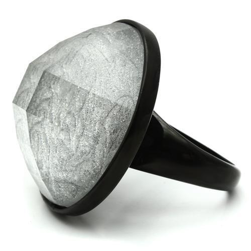 VL003 IP Black Brass Ring featuring a light gray synthetic stone, showcasing a sleek and modern design.