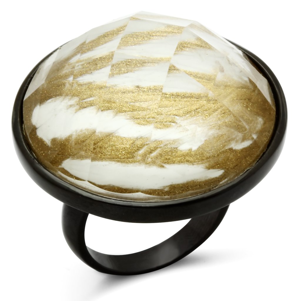 VL004 IP Black Brass Ring featuring a synthetic brown stone, showcasing its elegant design and ion plating finish.