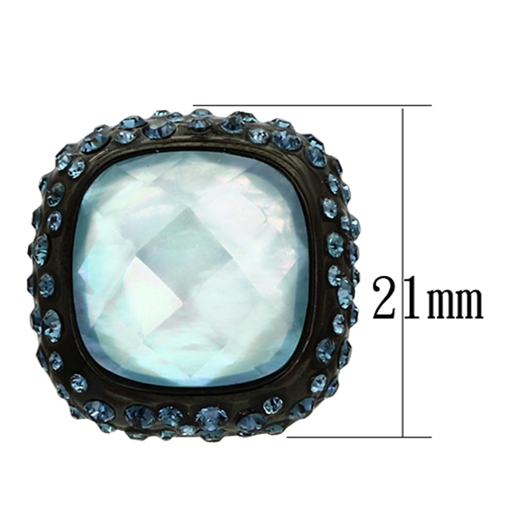 VL065 IP Black Brass Earrings with synthetic sea blue stones, showcasing a modern design and elegant finish.