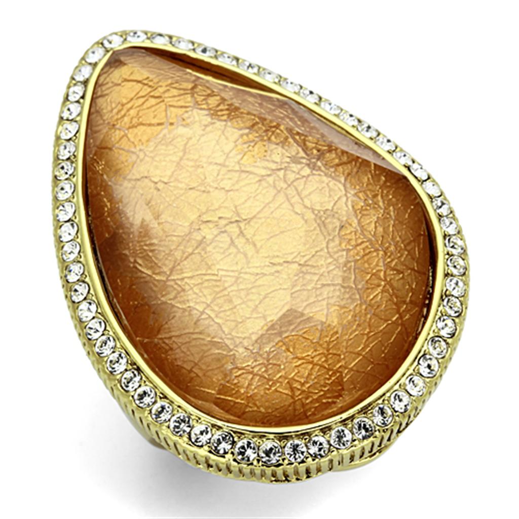VL083 IP Gold Brass Ring featuring a vibrant orange synthetic stone, elegantly designed with a luxurious finish.