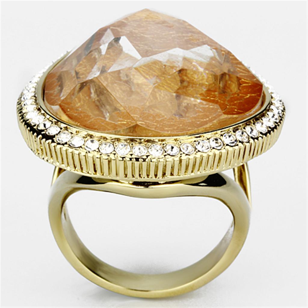 VL083 IP Gold Brass Ring featuring a vibrant orange synthetic stone, elegantly designed with a luxurious finish.