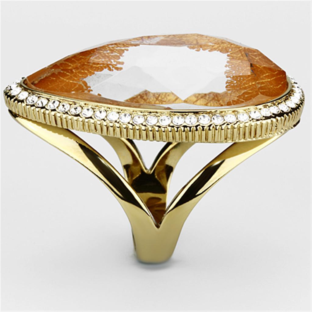 VL083 IP Gold Brass Ring featuring a vibrant orange synthetic stone, elegantly designed with a luxurious finish.
