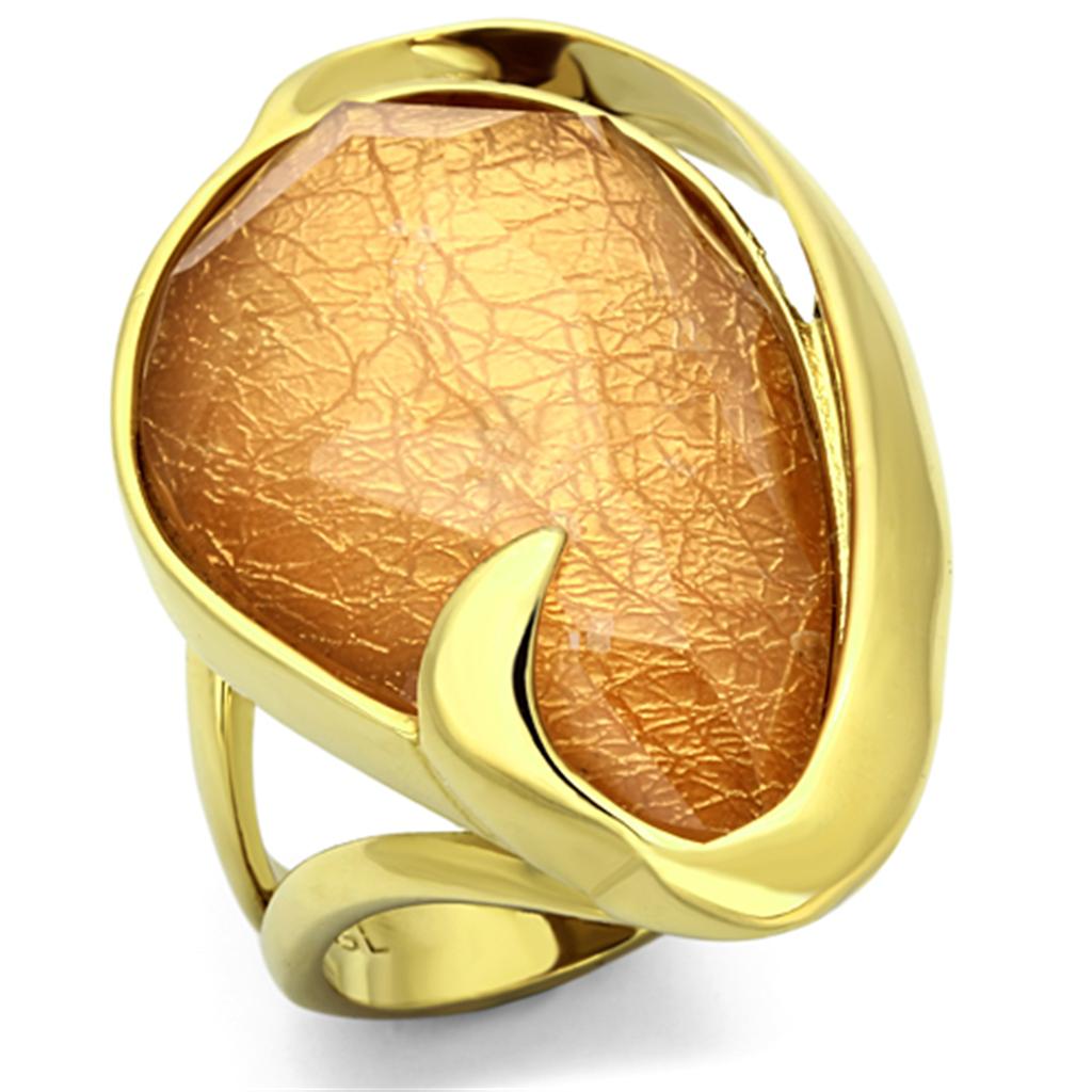 VL098 IP Gold Stainless Steel Ring featuring a vibrant synthetic orange stone, showcasing its elegant design and luxurious finish.