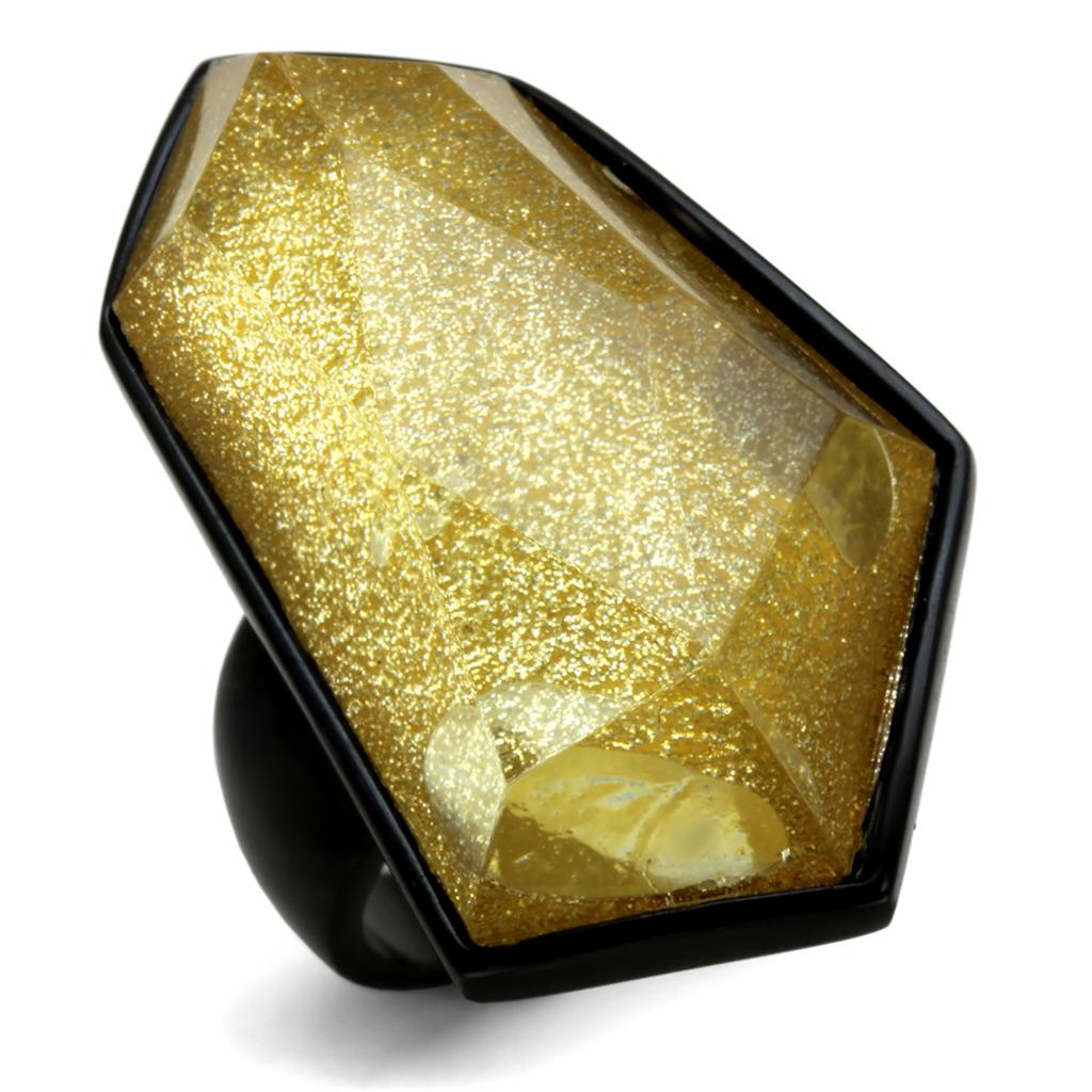 VL117 IP Black Stainless Steel Ring featuring a synthetic citrine yellow stone, showcasing a sleek design with ion plating finish.