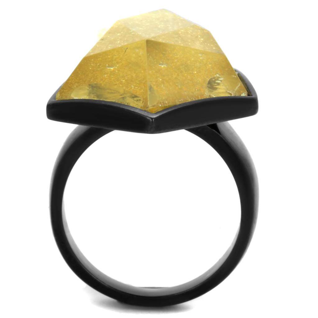 VL117 IP Black Stainless Steel Ring featuring a synthetic citrine yellow stone, showcasing a sleek design with ion plating finish.