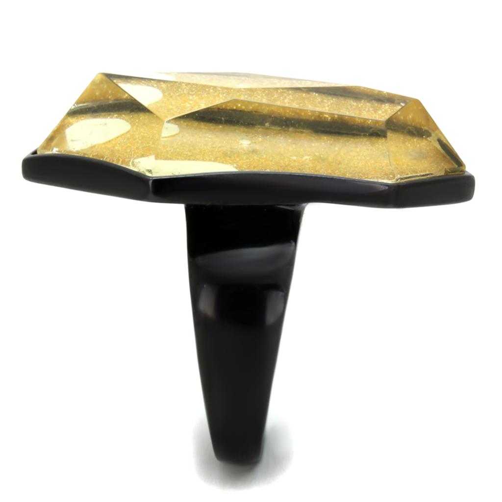 VL117 IP Black Stainless Steel Ring featuring a synthetic citrine yellow stone, showcasing a sleek design with ion plating finish.