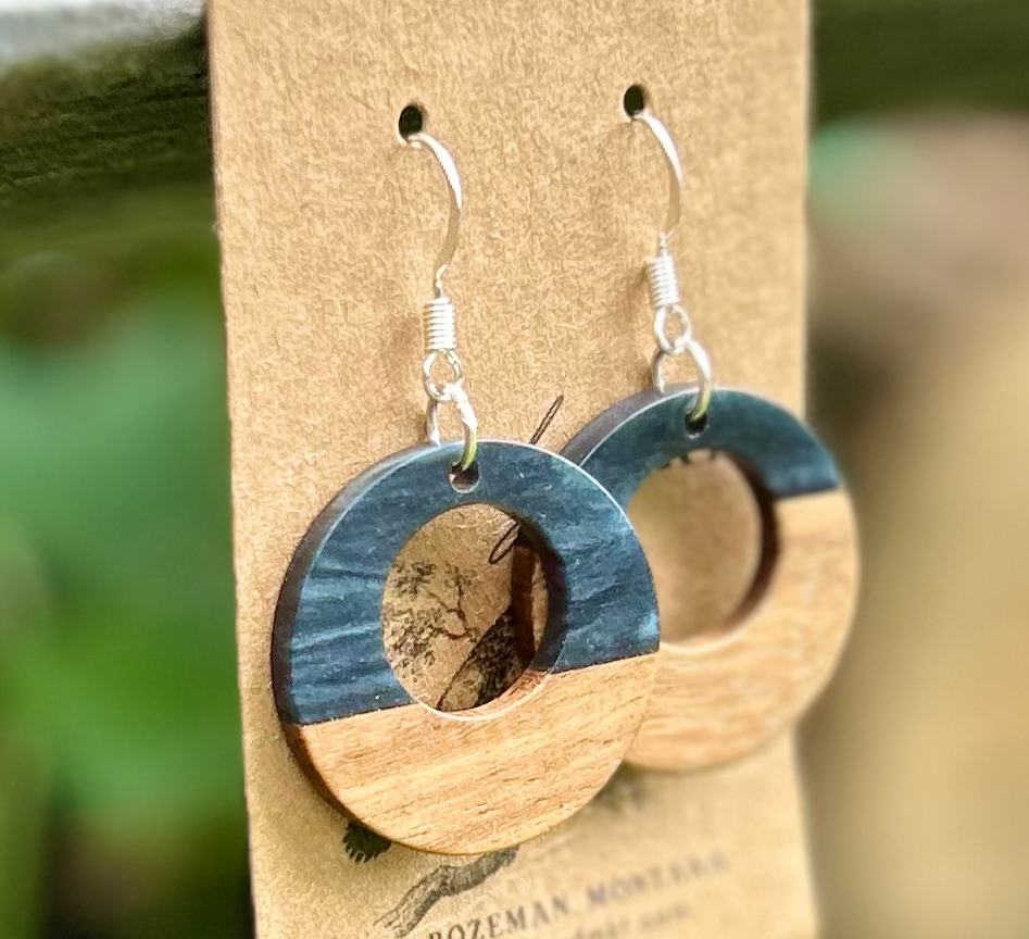 Walnut Wood & Black Resin Circle Earrings showcasing unique wood grain and glossy resin finish.