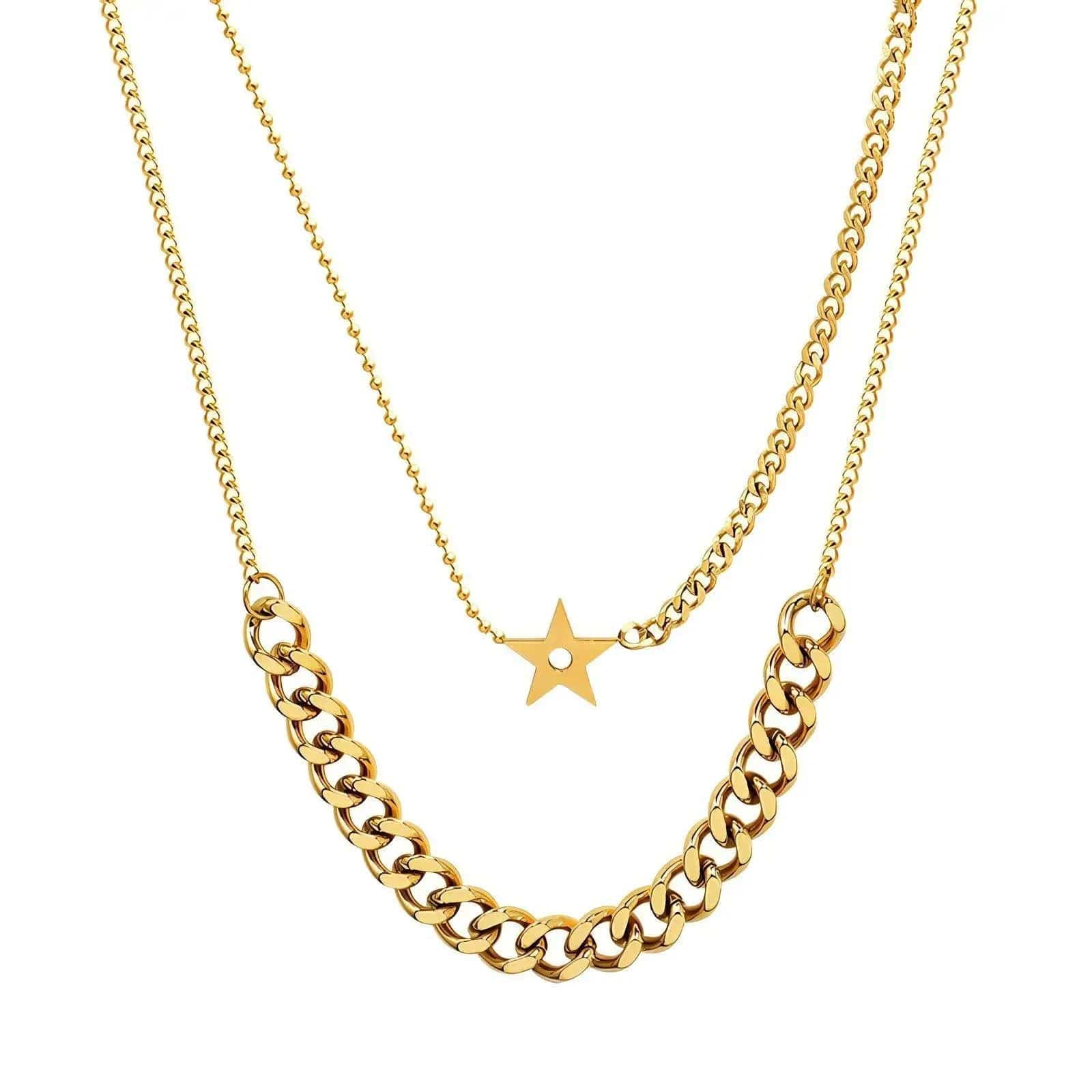 A stunning layered gold plated star necklace, showcasing its elegant design and waterproof features, perfect for any occasion.