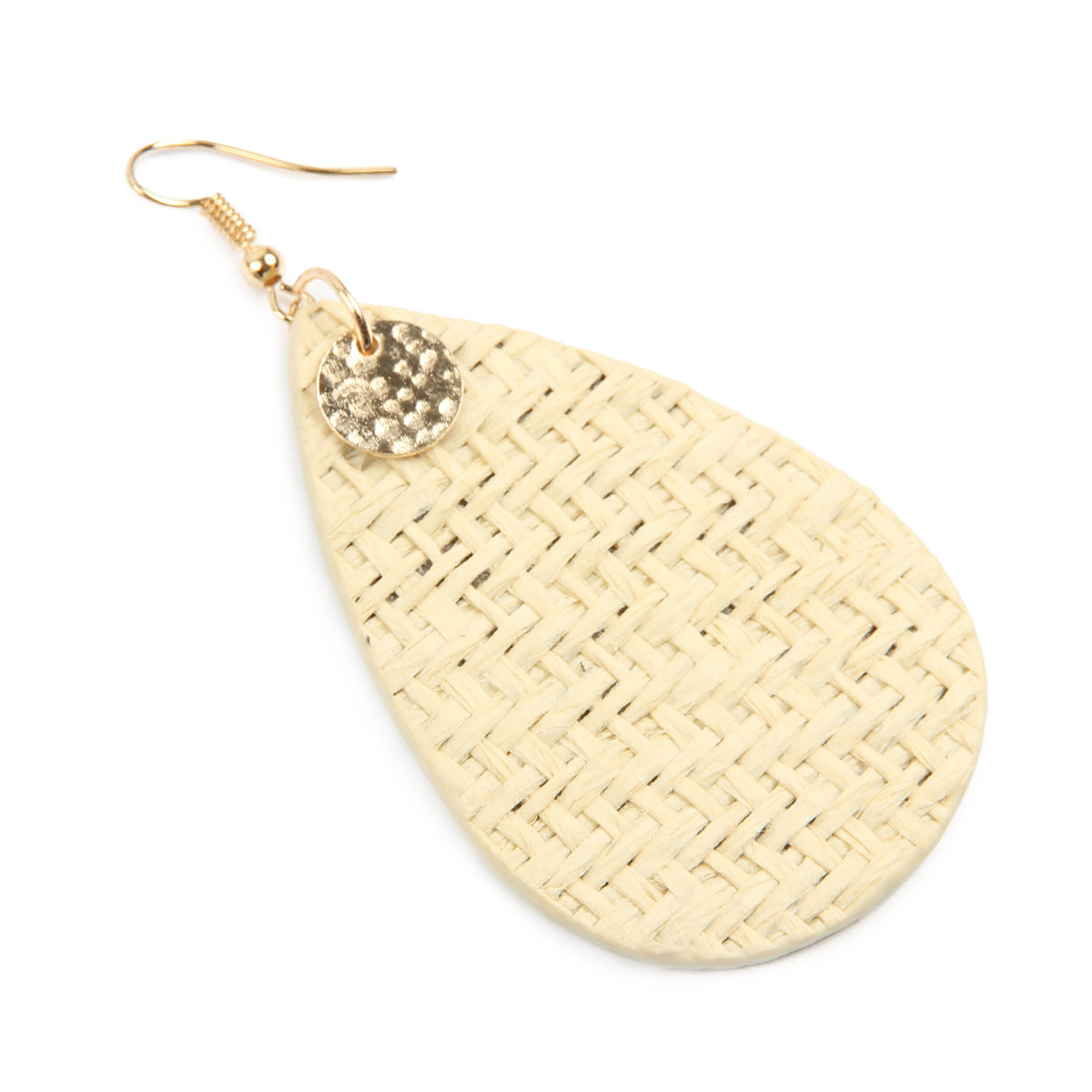 Colorful weaved fiber teardrop drop dangle earrings, showcasing a unique design and lightweight construction, perfect for summer wear.