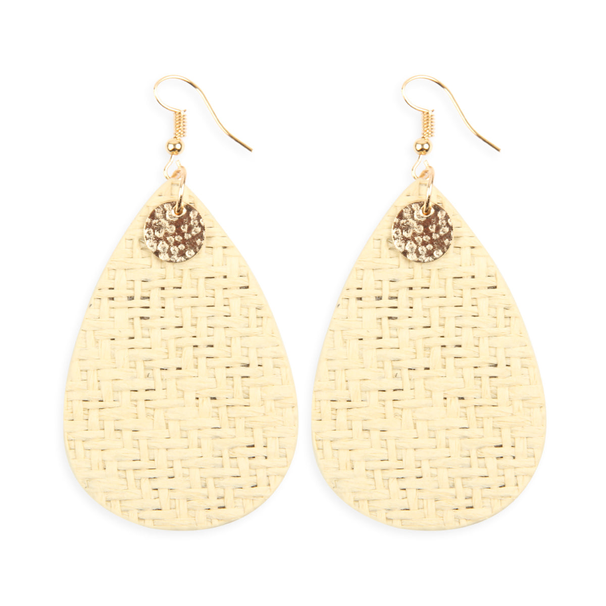 Colorful weaved fiber teardrop drop dangle earrings, showcasing a unique design and lightweight construction, perfect for summer wear.