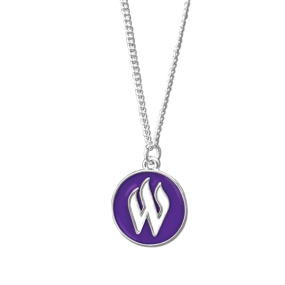 Weber State Cut Out Necklace featuring the WSU Wildcats logo on a round pendant with a silver finish chain.