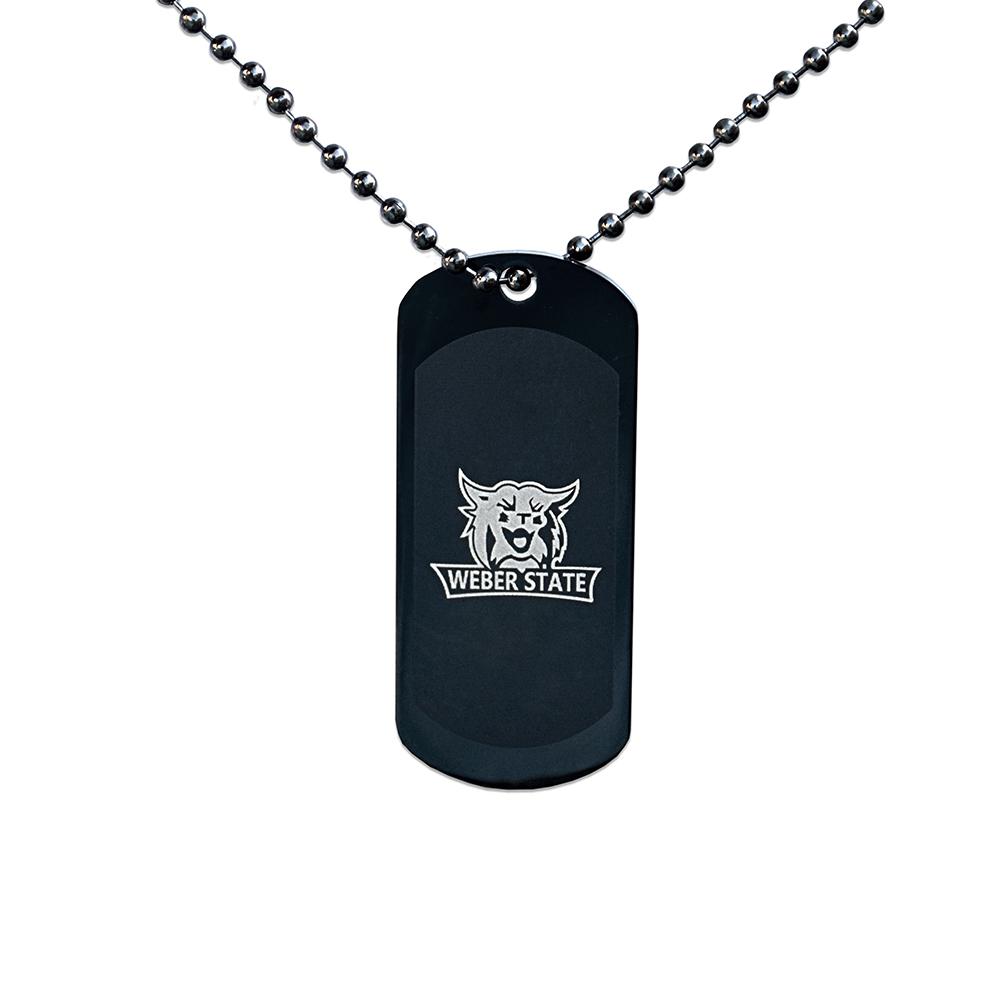 Weber State Dog Tag featuring WSU Wildcats logo on a black IP finish, attached to a 24-inch ball chain.