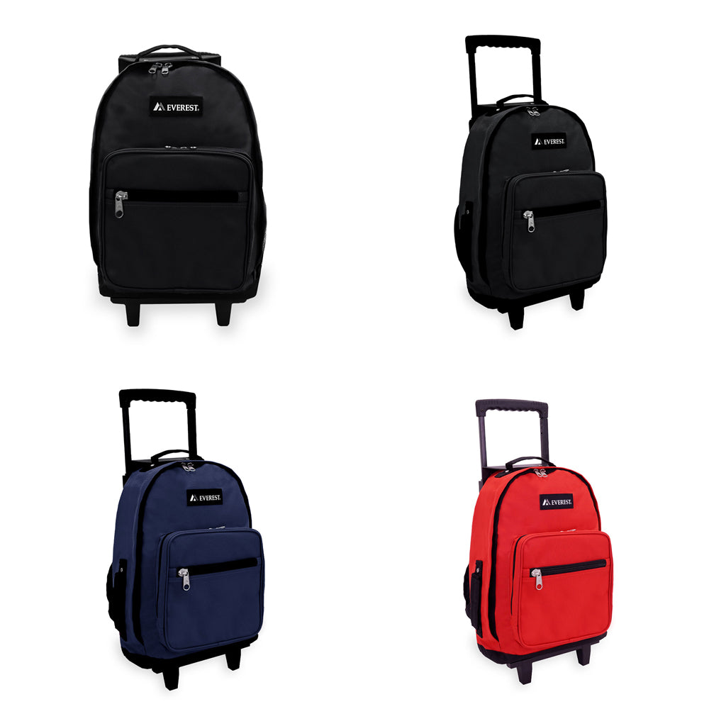 A stylish vintage wheeled backpack featuring a streamlined silhouette, padded shoulder straps, and a hidden zipper pocket.