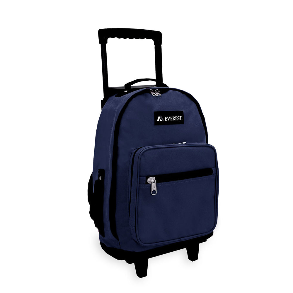 A stylish vintage wheeled backpack featuring a streamlined silhouette, padded shoulder straps, and a hidden zipper pocket.