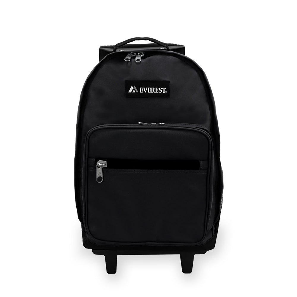 A stylish vintage wheeled backpack featuring a streamlined silhouette, padded shoulder straps, and a hidden zipper pocket.